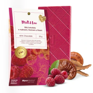 MycoMedica Bílá čokoláda s malinami, Hericiem a Reishi 50g